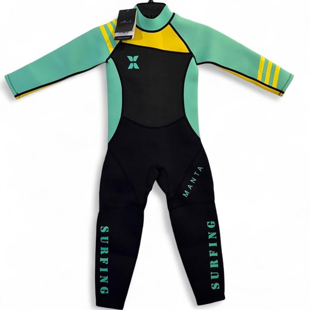 Dive & Sail Kids Full Body Wetsuit Black Teal Yellow Surfing Manta Size L NWT